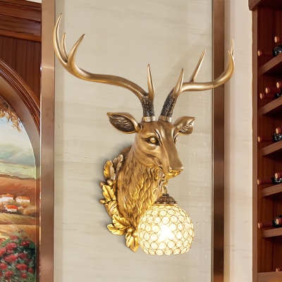 Rustic Sphere Wall Lighting with Gold Stag Head 1 Light Clear Crystal Sconce Light