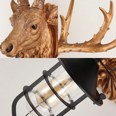 Single Light Lantern Wall Light with Resin Deer Closed Glass Outdoor Wall Mount Lighting in Black