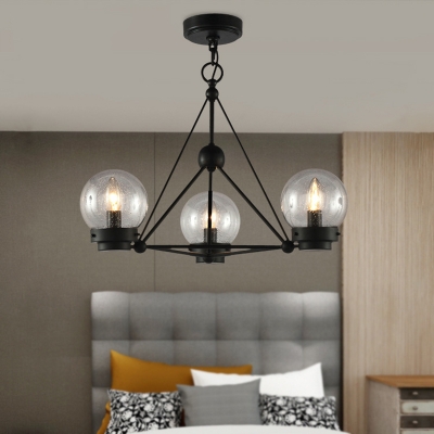 Spherical Chandelier Lighting with Clear Seedy Glass 3 Lights Industrial Pendant Lamp in Black
