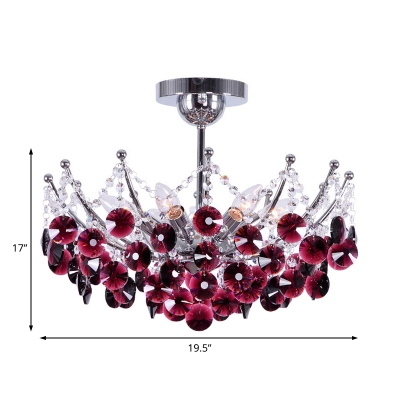 Wine Red/Amber/Dark Gray Semi Flush Ceiling Light Contemporary Metal Crystal 6 Light Semi Flush Chandelier for Bedroom