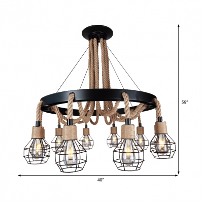 Woven Rope Hanging Edison Lights Country Wire Cage Pendant Lights in Black for Kitchen Dining