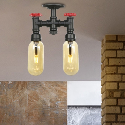 2-Light Pipe Semi Flush Light Industrial Style Iron and Glass Semi Flush Pendant Light in Black for Indoor