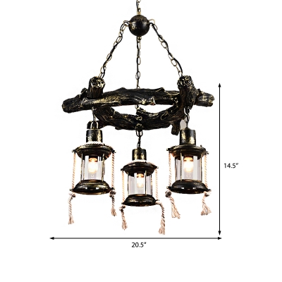 3-Light Hanging Ceiling Lights Lodge Steel Rope Pendant Lighting in Antique Brass for Coffee Shop