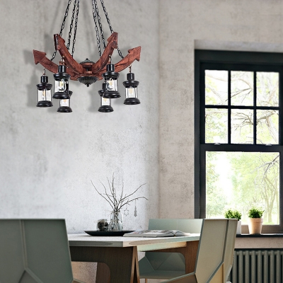 Arrows Pendant Chandelier Rustic Wood and Iron 6 Light Hanging Light Fixtures in Black for Dining Room