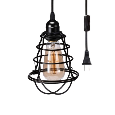 Black Cage Hanging Pendant for Kitchen Dining, Antique Iron 1 Light Plug in Pendant Lights