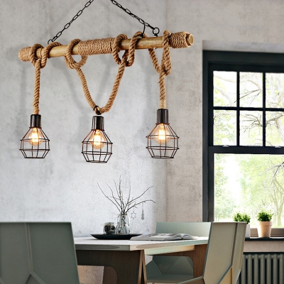 Black Cage Island Light Rustic Iron Rope 3 Heads Ceiling Pendant With Chain For Clothing Beautifulhalo Com - Iron Ceiling Pendant