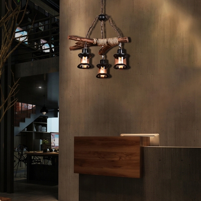 Branch Hanging Ceiling Lights Village Wood and Metal Rope Pendant Light Fixtures in Black for Coffee Shop
