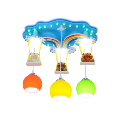 Cloud and Rainbow Flush Light with Bear Decoration Kids Glass Shade 6 Lights Pendant Light