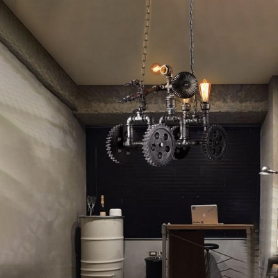 Creative Gear and Pipe Hanging Light Fixtures Vintage Metal 3 Lights Pendant Chandelier for Indoor