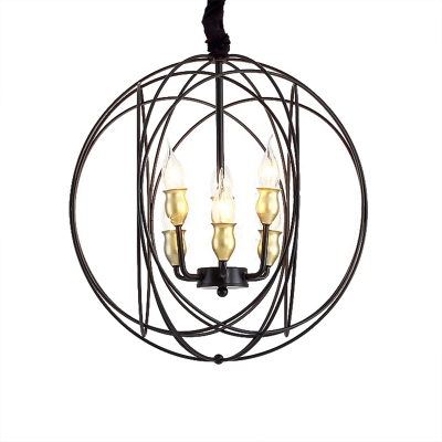 Dining Table Candle Hanging Lamp Metal 3/6 Lights Antique Black Chandelier with Orb Cage