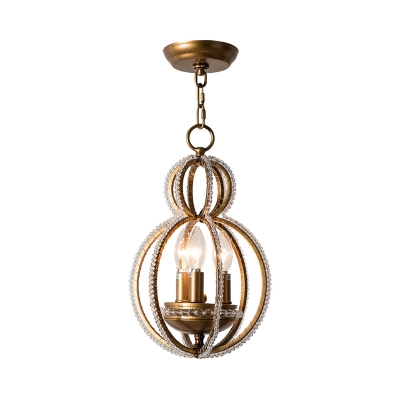 Gourd Chandelier Light with Clear Crystal Bead Vintage 3 Lights Living Room Lighting in Warm Brass
