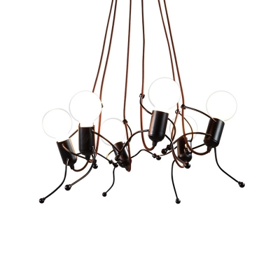 Modern Creative Mini People Ceiling Pendant Light 3/6 Light Open Bulb Hanging Lights in Black for Dining Room