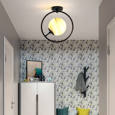 White/Yellow Glass Orb Flush Ceiling Light with Black Ring 1 Light Modern Simple Corridor Flush Light