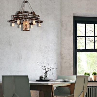 Open Bulb Pendant Chandelier Retro Style Metal Gear Hanging Light Fixtures with Center Cylindrical Shade for Dining Room