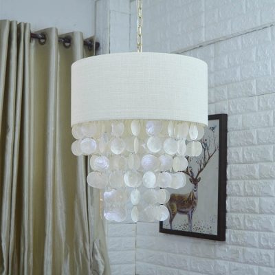 White Fabric Shade Drum Chandelier Lighting French Style 3 Lights Indoor Hanging Light for Bedroom