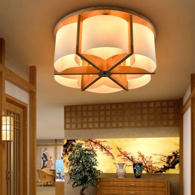 Wooden Drum Flush Mount Light  4/6 Light Modern Wood Ceiling Light Fixture For Living Room