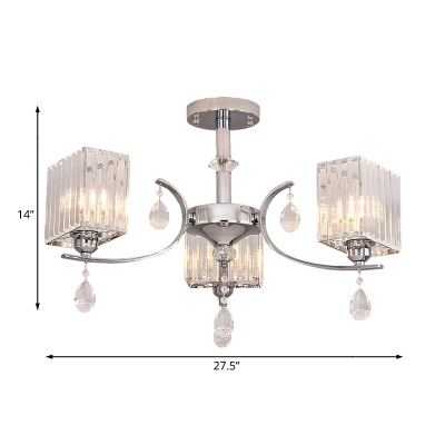 3 Lights Rectangle Chandelier Clear Glass Modern Ceiling Pendant in Chrome with Crystal Bead