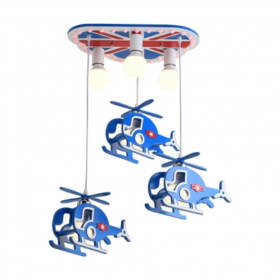 6 Lights Helicopter Flush Lighting Cartoon Wood Led Flush Mount Ceiling Light for Boys