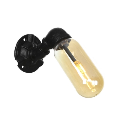 Black Pipe Sconce Lighting Fixtures Antique Metal 1 Head Sconce Lamp with Amber Glass Shade for Hall