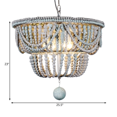 Blue and Gray Beaded Chandelier Shabby Chic Wooden Hanging Pendant Light with Hanging Ball