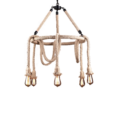 Exposed Bulb Hanging Chandelier Lamp Rustic Iron Rope Chandelier Pendant Light for Bedroom