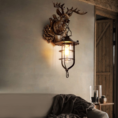 Lantern Wall Sconce Light with Deer Design Rustic Clear Glass Single Wall Lamp for Foyer