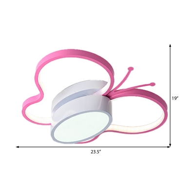 Pink Butterfly Flush Lighting Kids Modern Metal Ceiling Flush Mount with Acrylic Diffuser