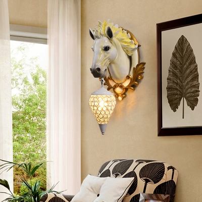Resin Horse Wall Sconce Light with Crystal Lampshade 1 Light Rustic Wall Lighting
