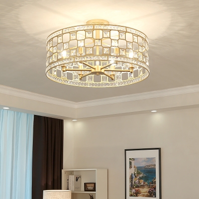 Sparkling Crystal Drum Ceiling Light Contemporary Metal Semi-Flush Mount Light in Gold for Living Room
