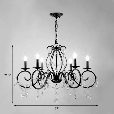 Traditional Pendant Chandelier Metal and Crystal Candle Ceiling Pendant in Black for Kitchen Dining