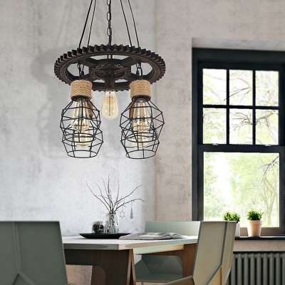 Woven Rope Caged Hanging Chandelier Rustic Iron 5 Lights Gear Ceiling Light Fixture for Dining Room