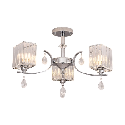 3 Lights Rectangle Chandelier Clear Glass Modern Ceiling Pendant in Chrome with Crystal Bead