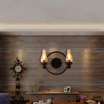 Black Wheel Wall Mounted Light Modern Iron and Glass 1/2 Light Wall Sconce Lighting for Indoor