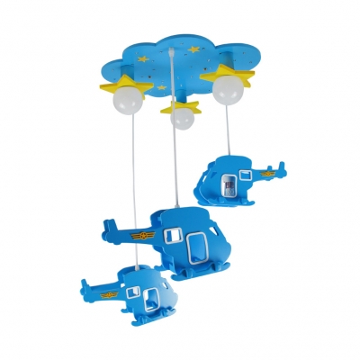 Blue Cloud Flush Lighting with Helicopter Cartoon Style Wood Ceiling Light Fixture