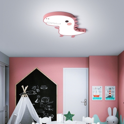 Cartoon Dinosaur Ceiling Flush Light with Frosted Diffuser Green/Pink Led Flush Mount Light