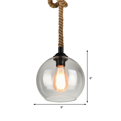 Clear/Amber Glass Ceiling Pendant Lights for Indoor, Rustic 1 Head Global Hanging Pendant Lights with Rope