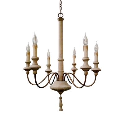 Distressed White Candle Chandelier Light Wooden 6 Lights French Country Pendant Light