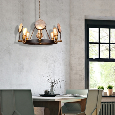 Round Glass Chandelier Light Antique Metal Hanging Chandelier in Black with Brass for Dining Room