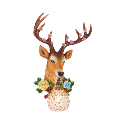 Single Light Deer Wall Light with Flower and Crystal Lampshade Village Living Room Sconce Light