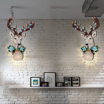 Single Light Deer Wall Light with Flower and Crystal Lampshade Village Living Room Sconce Light