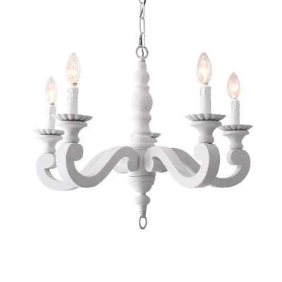 Solid Wood Pendant Light with Candle Shabby Chic 5 Lights White Chandelier Lamp