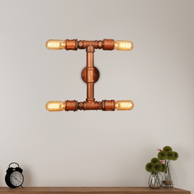 Steampunk Bare Bulb Wall Light Sconce Steel 4 Lights Wall Mounted Light Fixture with Pipe