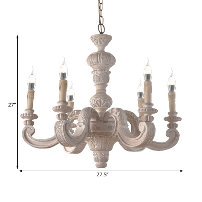 Wooden Candle Hanging Light with Curved Arm 6 Light French Country Chandelier for Dining Room