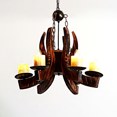 6-Light Candle Hanging Lamps Country Bamboo and Wood Pendant Chandelier for Restaurant Bar