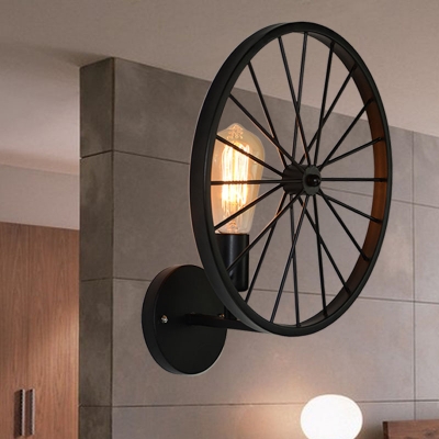 Black Bare Bulb Wall Sconces Industrial Iron 1 Head Wall Light Fixtures with Wheel Decoration