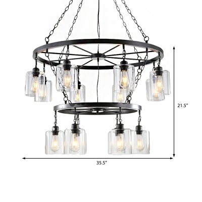 Black Cylindrical Hanging Chandelier Modern Metal Hanging Pendant with Clear Glass Shade for Restaurant