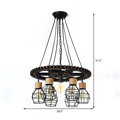 Caged Ceiling Pendant Light Vintage Iron Rope Chandelier Lighting Fixture with Adjustable Cord for Indoor