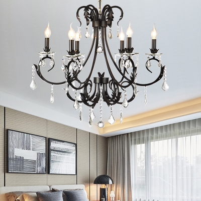 Candle Pendant Chandelier Traditional Metal Crystal Ceiling Pendant Lights in Black for Living Room
