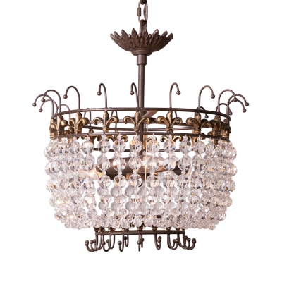Clear Crystal Round Hanging Chandelier 3 Lights French Style Pendant Lamp in Rust