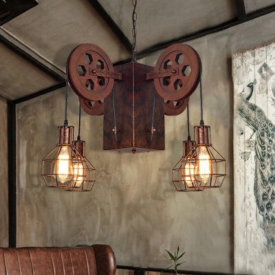 Creative Pulley Hanging Light Fixtures Retro Metal 4/6 Lights Cage Pendant Chandelier in Rust for Indoor